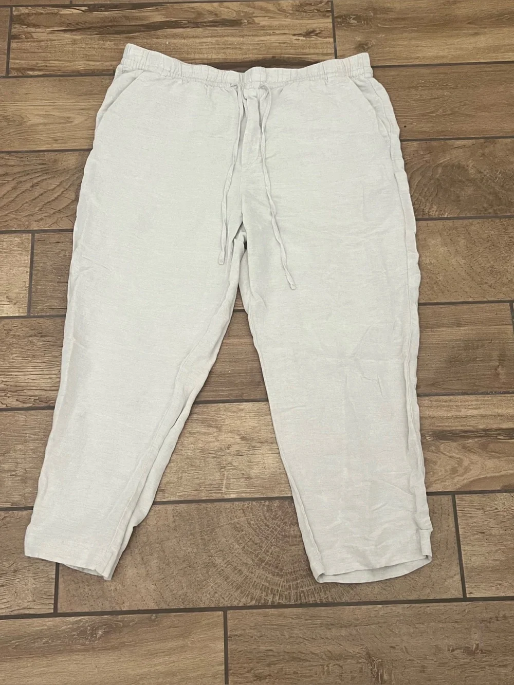 H&M Women's sz L White Linen Blend Drawstring Wide Leg Pants High Rise‎ Summer